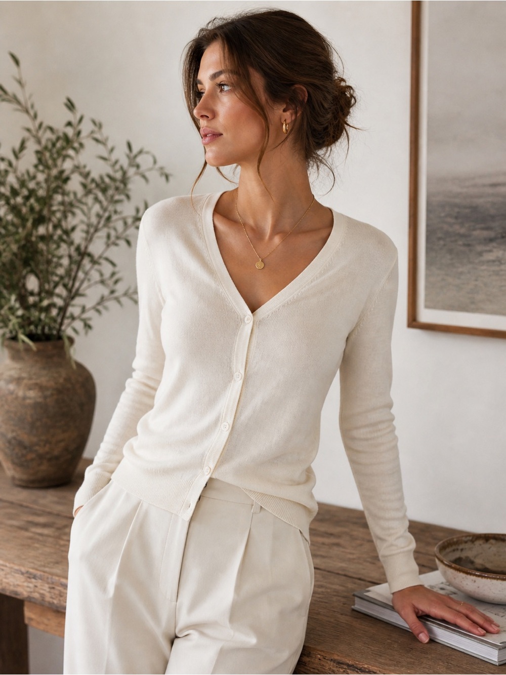 Brooks Brothers 346 Silk Cardigan Cream V-Neck Button Front Small